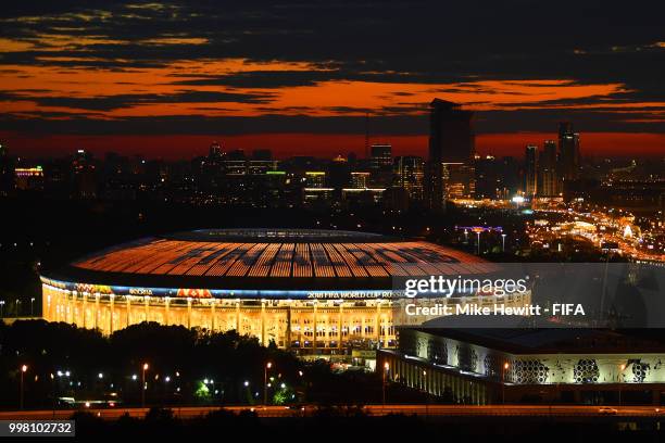 The Sun sets behind the Luzhniki Stadium, ahead of the FIFA World Cup Final between France and Croatia, on July 13, 2018 in Moscow, Russia.