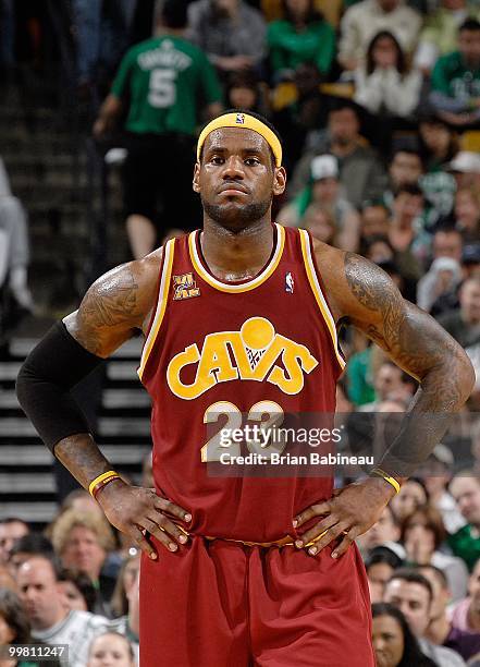 LeBron James of the Cleveland Cavaliers stands on the court while taking on the Boston Celtics in Game Four of the Eastern Conference Semifinals...