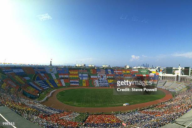 General view of the stadium during the opening ceremony for the XXIII Olympic Summer Games on 28th July 1984 at the Los Angeles Memorial Coliseum in...