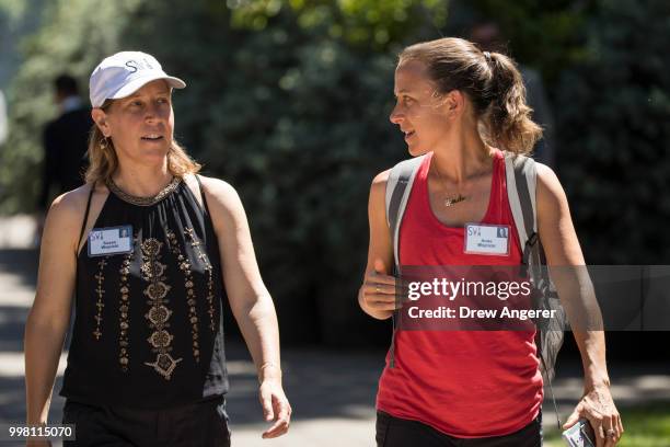 Susan Wojcicki, chief executive officer of YouTube, and Anne Wojcicki, co-founder and chief executive officer of 23andMe, attend the annual Allen &...