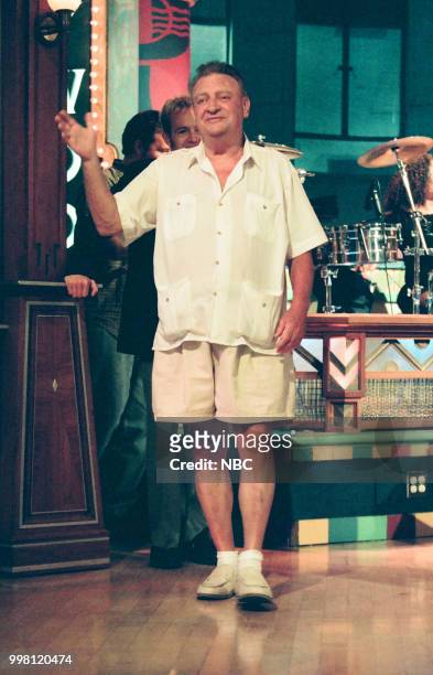 Episode 1666-- Pictured: Comedian Rodney Dangerfield entering on-stage on August 18, 1999 --