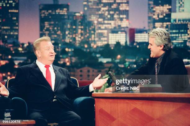 Episode 1666-- Pictured: Comedian Rodney Dangerfield during an interview with host Jay Leno on August 18, 1999 --