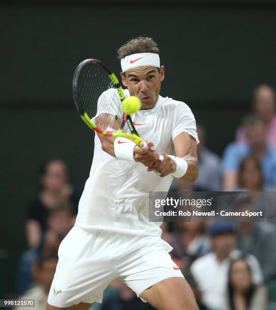 Rafael Nadal during his match against Novak Djokovic in their Men's Semi-Final match at All England Lawn Tennis and Croquet Club on July 13, 2018 in...