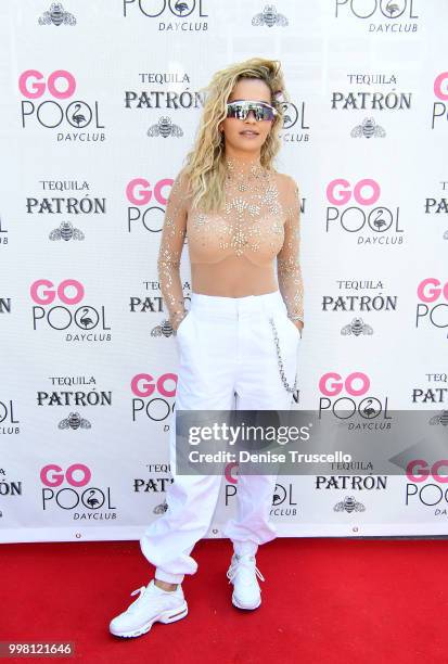 Rita Ora arrives at Flamingo Las Vegas' GO Pool Dayclub on July 13, 2018 in Las Vegas, Nevada.