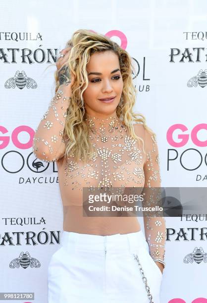 Rita Ora arrives at Flamingo Las Vegas' GO Pool Dayclub on July 13, 2018 in Las Vegas, Nevada.