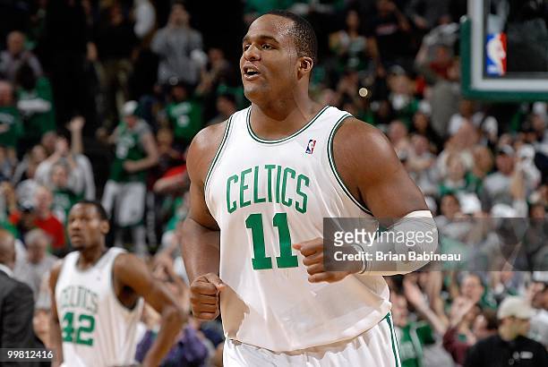 Glen Davis of the Boston Celtics stands on the court while taking on the Cleveland Cavaliers in Game Four of the Eastern Conference Semifinals during...
