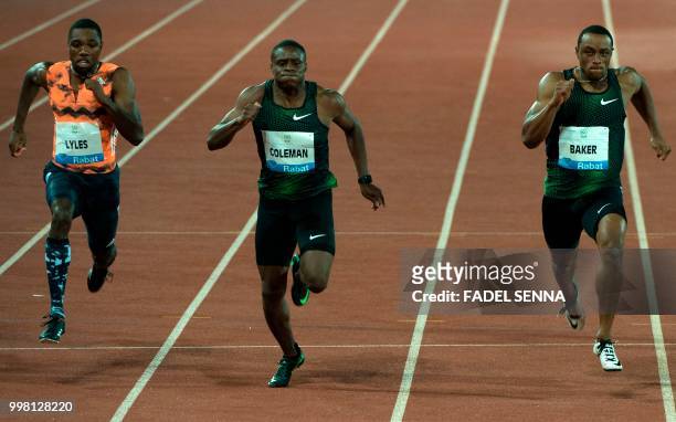 S Lyles Noha , USA's Coleman Christian , USA's Baker Ronnie compete during the 100m men's event at the Morocco Diamond League athletics competition...