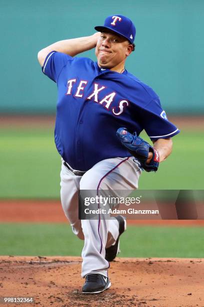 Bartolo Colon of the Texas Rangers pitches in the first inning of a game against the Boston Red Sox at Fenway Park on July 11, 2018 in Boston,...
