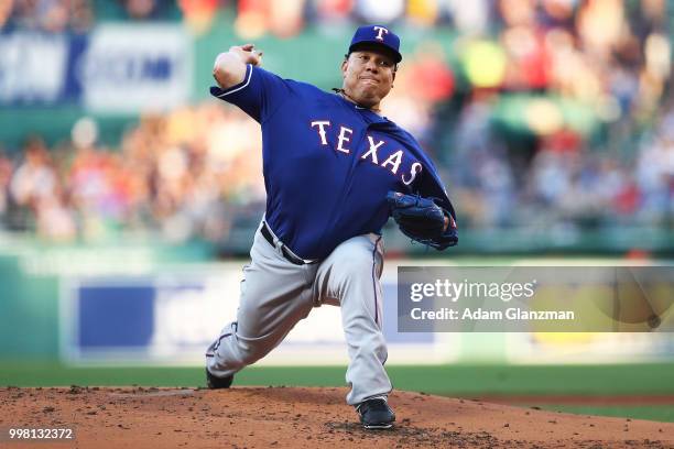 Bartolo Colon of the Texas Rangers pitches in the first inning of a game against the Boston Red Sox at Fenway Park on July 11, 2018 in Boston,...