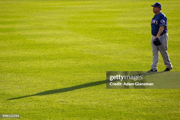 Bartolo Colon of the Texas Rangers warms up before a game against the Boston Red Sox at Fenway Park on July 11, 2018 in Boston, Massachusetts.