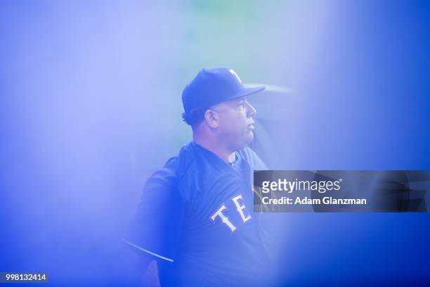 Bartolo Colon of the Texas Rangers warms up before a game against the Boston Red Sox at Fenway Park on July 11, 2018 in Boston, Massachusetts.