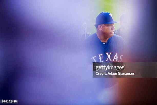 Bartolo Colon of the Texas Rangers warms up before a game against the Boston Red Sox at Fenway Park on July 11, 2018 in Boston, Massachusetts.