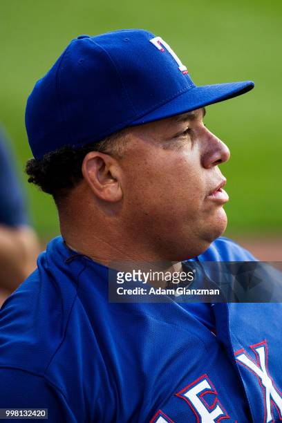 Bartolo Colon of the Texas Rangers warms up before a game against the Boston Red Sox at Fenway Park on July 11, 2018 in Boston, Massachusetts.