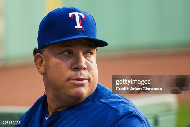 Bartolo Colon of the Texas Rangers warms up before a game against the Boston Red Sox at Fenway Park on July 11, 2018 in Boston, Massachusetts.