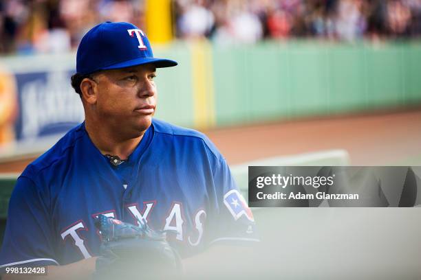 Bartolo Colon of the Texas Rangers warms up before a game against the Boston Red Sox at Fenway Park on July 11, 2018 in Boston, Massachusetts.