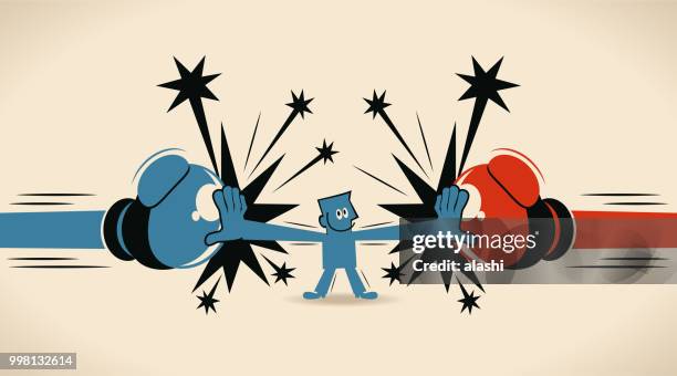 businessman block jabs & straight punches (big boxing glove), man stop conflict - kickboxing gloves stock illustrations