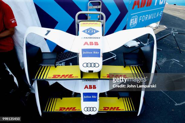 Recing car details are seen in the Audi paddock area during the Formula E New York City Race on July 13, 2018 in New York City.