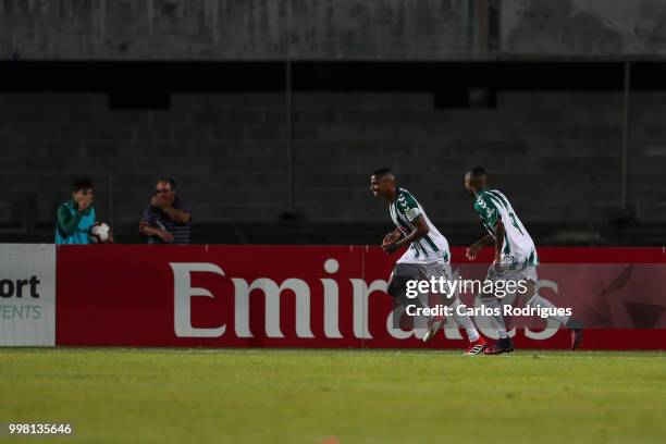 Vitoria Setubal defender Vasco Fernandes from Portugal celebrates scoring Vitoria goal with his team mates during the match between SL Benfica and...