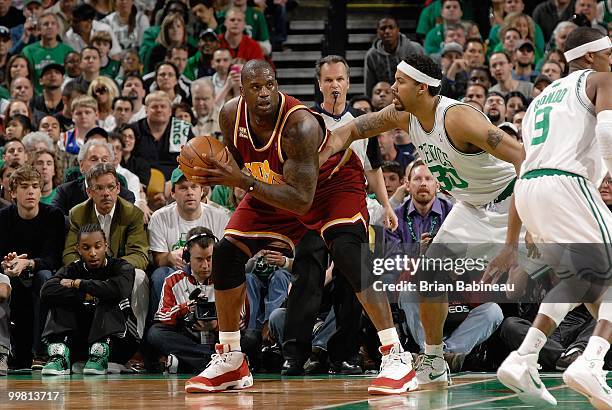 Shaquille O'Neal of the Cleveland Cavaliers posts up against Rasheed Wallace of the Boston Celtics in Game Four of the Eastern Conference Semifinals...