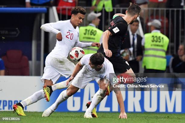 Dele Alli of England drives the ball during the 2018 FIFA World Cup Russia semi final match between Croatia and England at the Luzhniki Stadium on...