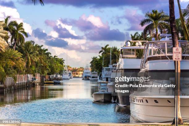 sunset at fort lauderdale canals. luxury yachts in las olas boulevard, florida, usa - pola damonte stockfoto's en -beelden