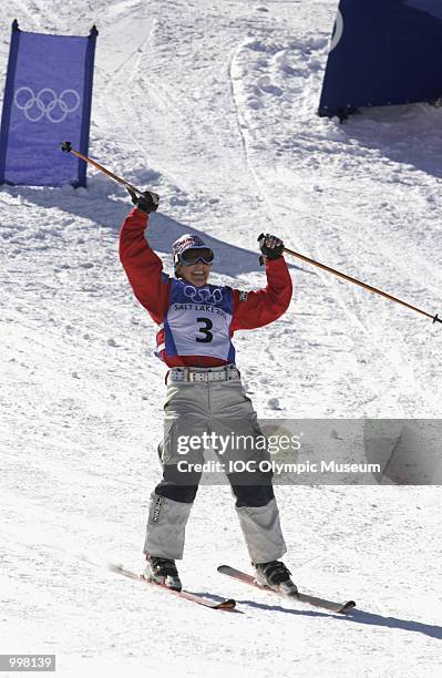 Shannon Barhke of the USA celebrates after her final run which was fast enough earned her the silver medal in the final round of the women's moguls...