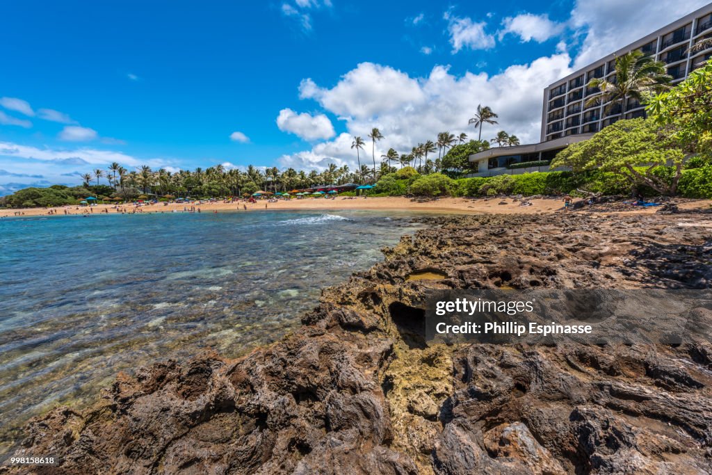 Island beach resort and coral reef at Turtle Bay