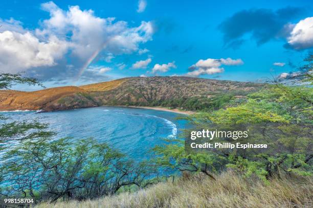 rainbow over hanauma beach hawaii - rainbow beach stockfoto's en -beelden