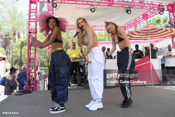 Singer Rita Ora performs with backup dancers Christina Davis and Caoife Coleman at the Flamingo Go Pool Dayclub at Flamingo Las Vegas on July 13,...
