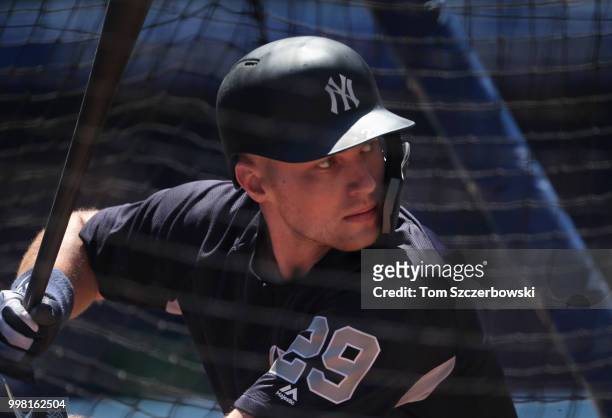 Brandon Drury of the New York Yankees takes batting practice before the start of MLB game action against the Toronto Blue Jays at Rogers Centre on...