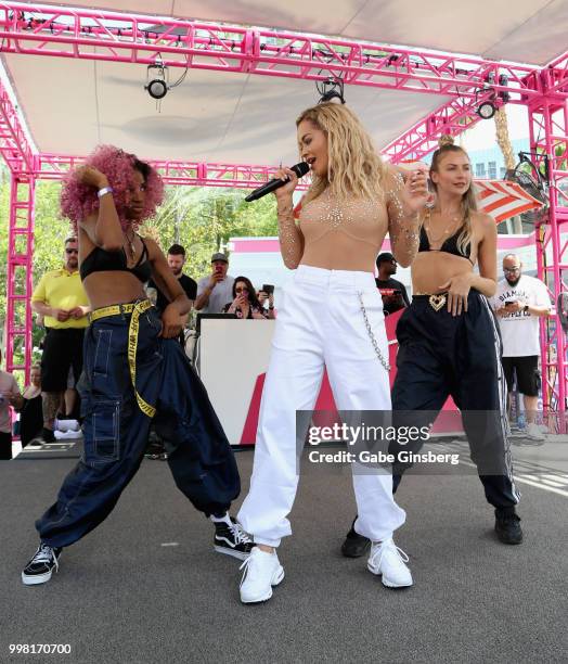 Singer Rita Ora performs with backup dancers Christina Davis and Caoife Coleman at the Flamingo Go Pool Dayclub at Flamingo Las Vegas on July 13,...