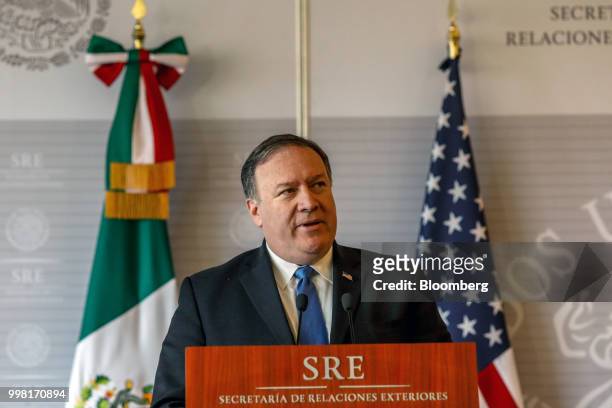Mike Pompeo, U.S. Secretary of state, speaks during a meeting with Luis Videgaray, Mexico's foreign minister, not pictured, in Mexico City, Mexico,...