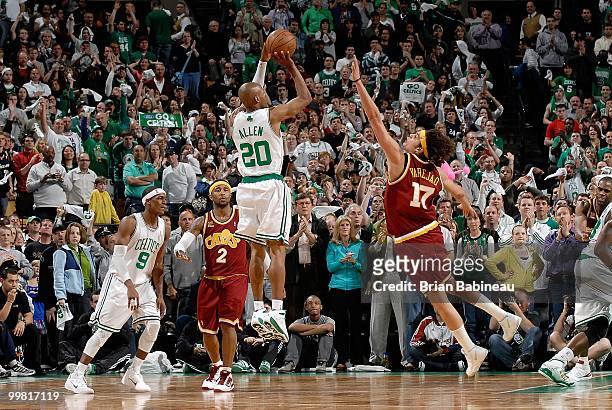 Ray Allen of the Boston Celtics over Anderson Varejao of the Cleveland Cavaliers in Game Four of the Eastern Conference Semifinals during the 2010...