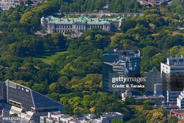 telephoto cityscape view of the akasaka palace state guest house in tokyo, japan - akasaka palace photos et images de collection