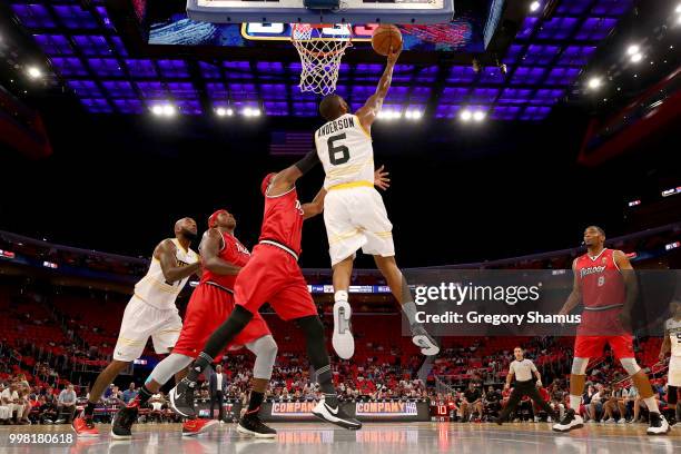 Alan Anderson of the Killer 3's attempts a shot past Derrick Byars of Trilogy during BIG3 - Week Four at Little Caesars Arena on July 13, 2018 in...