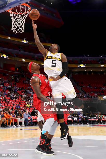 Stephen Jackson of the Killer 3's attempts a shot while being guarded by Al Harrington of Trilogy during BIG3 - Week Four at Little Caesars Arena on...