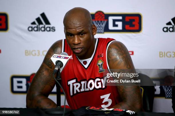 Al Harrington of Trilogy speaks to the media during BIG3 - Week Four at Little Caesars Arena on July 13, 2018 in Detroit, Michigan.