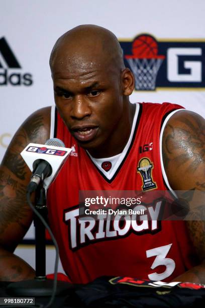 Al Harrington of Trilogy speaks to the media during BIG3 - Week Four at Little Caesars Arena on July 13, 2018 in Detroit, Michigan.