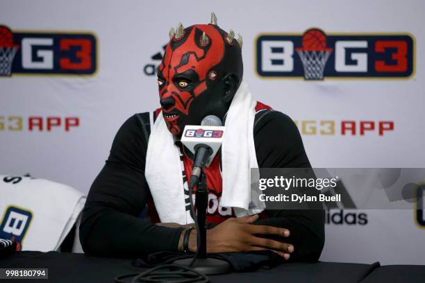 Rashad McCants of Trilogy speaks to the media while wearing a mask during BIG3 - Week Four at Little Caesars Arena on July 13, 2018 in Detroit,...