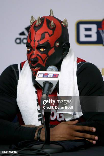 Rashad McCants of Trilogy speaks to the media while wearing a mask during BIG3 - Week Four at Little Caesars Arena on July 13, 2018 in Detroit,...