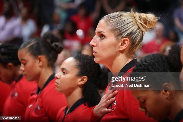 Elena Delle Donne of the Washington Mystics stands during the National Anthem before the game against the Chicago Sky on June 13, 2018 at Capital One...