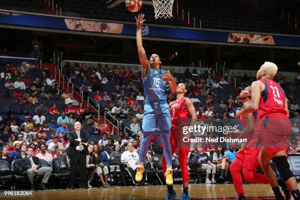 Gabby Williams of the Chicago Sky handles the ball against the Washington Mystics on June 13, 2018 at Capital One Arena in Washington, DC. NOTE TO...