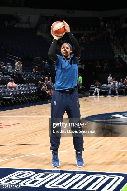 Maya Moore of the Minnesota Lynx shoots the ball before the game against the Las Vegas Aces on July 13, 2018 at Target Center in Minneapolis,...