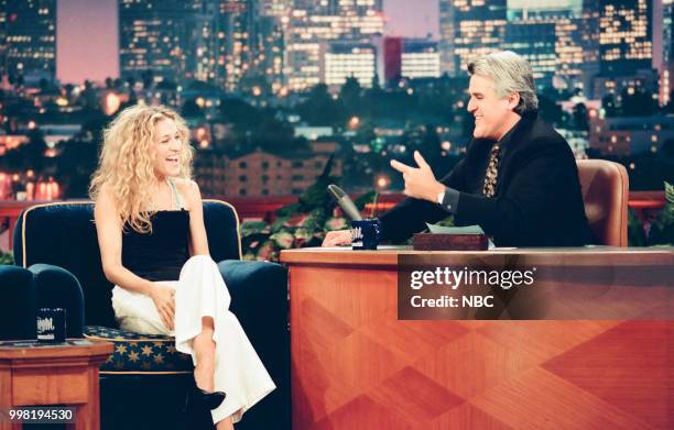 Episode 1668 -- Pictured: Actress Sarah Jessica Parker during an interview with host Jay Leno on August 20, 1999 --