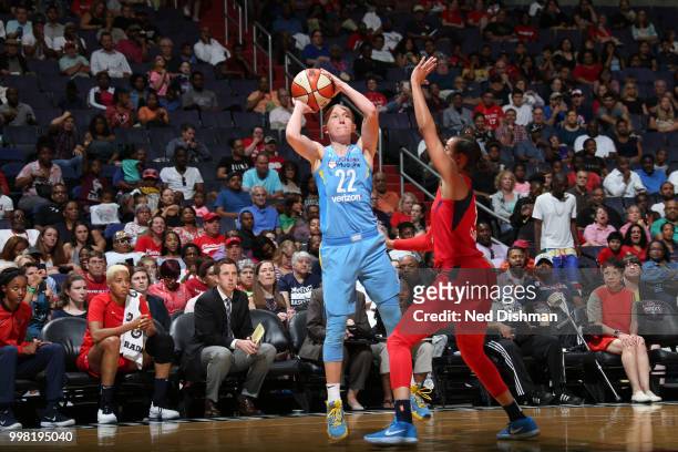 Courtney Vandersloot of the Chicago Sky handles the ball against the Washington Mystics on June 13, 2018 at Capital One Arena in Washington, DC. NOTE...