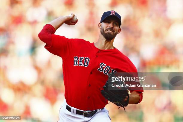Rick Porcello of the Boston Red Sox pitches in the first inning of a game against the Toronto Blue Jays at Fenway Park on July 13, 2018 in Boston,...