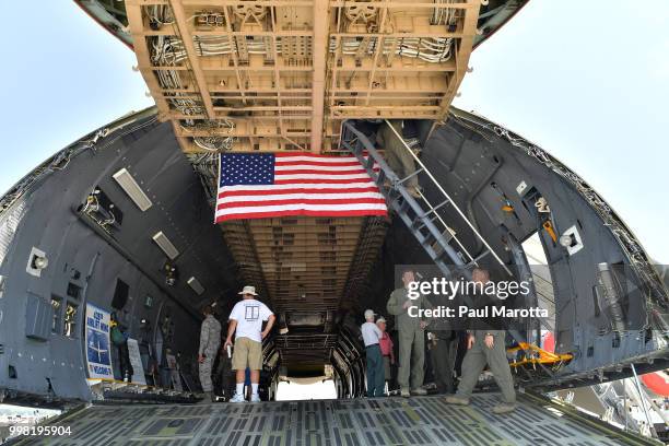 Galaxy transport plane is seen at the 2018 Great New England Air and Space Show Media Day at Westover Air Force Base on July 13, 2018 in Chicopee,...