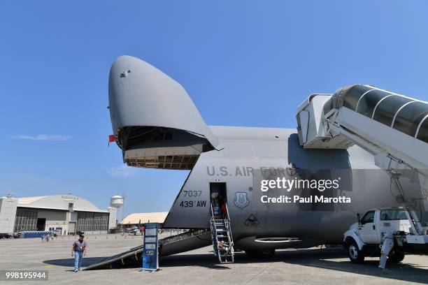 Galaxy transport plane is seen at the 2018 Great New England Air and Space Show Media Day at Westover Air Force Base on July 13, 2018 in Chicopee,...