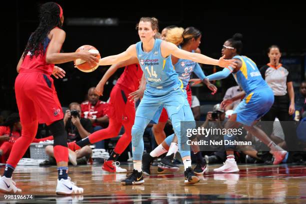 Allie Quigley of the Chicago Sky plays defense against the Washington Mystics on June 13, 2018 at Capital One Arena in Washington, DC. NOTE TO USER:...