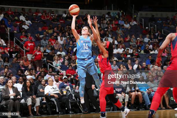 Allie Quigley of the Chicago Sky shoots the ball against the Washington Mystics on June 13, 2018 at Capital One Arena in Washington, DC. NOTE TO...